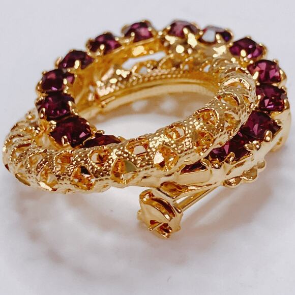 VTG Mid Century Gold Tone Purple Prong Set Rhinestone Wreath Brooch 1960s Pin - Picture 6 of 8